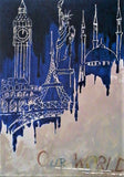 Quadro con Big Ben, Torre Eiffel, Santa Spfia, Il colosseo e la Statua della Liberta