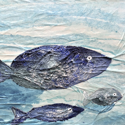 Gruppo di dipinti a tema marino: pesci, onde del mare, conchiglie