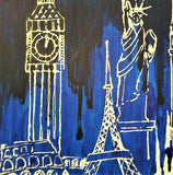 particolare di quadro con Big Ben, Statua della Libertà e Torre Eiffel tra colate di colore blu