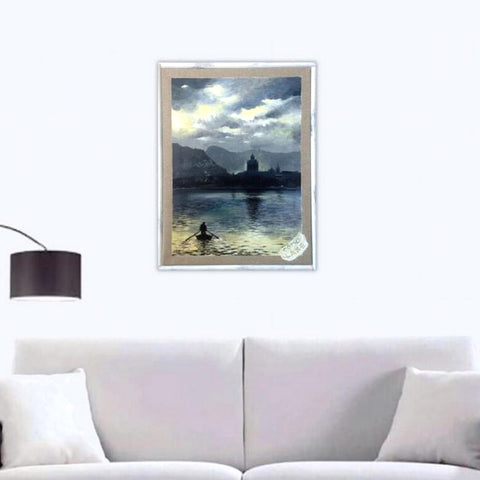 Quadro con Paesaggio del Lago Dipinto, Dipinto Panorama Notturno