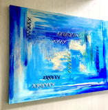 Large Blue Abstract Painting, Modern Framework with Gold