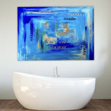 Large Blue Abstract Painting, Modern Framework with Gold