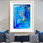 Large Blue Abstract Painting, Modern Framework with Gold