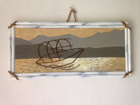 Quadro con Barca Lago di Como, Paesaggio Dipinto su Legno